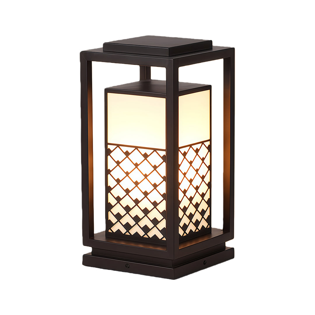 Modern rectangular lantern bollard light fixtures shown glowing with a warm light, isolated on white.