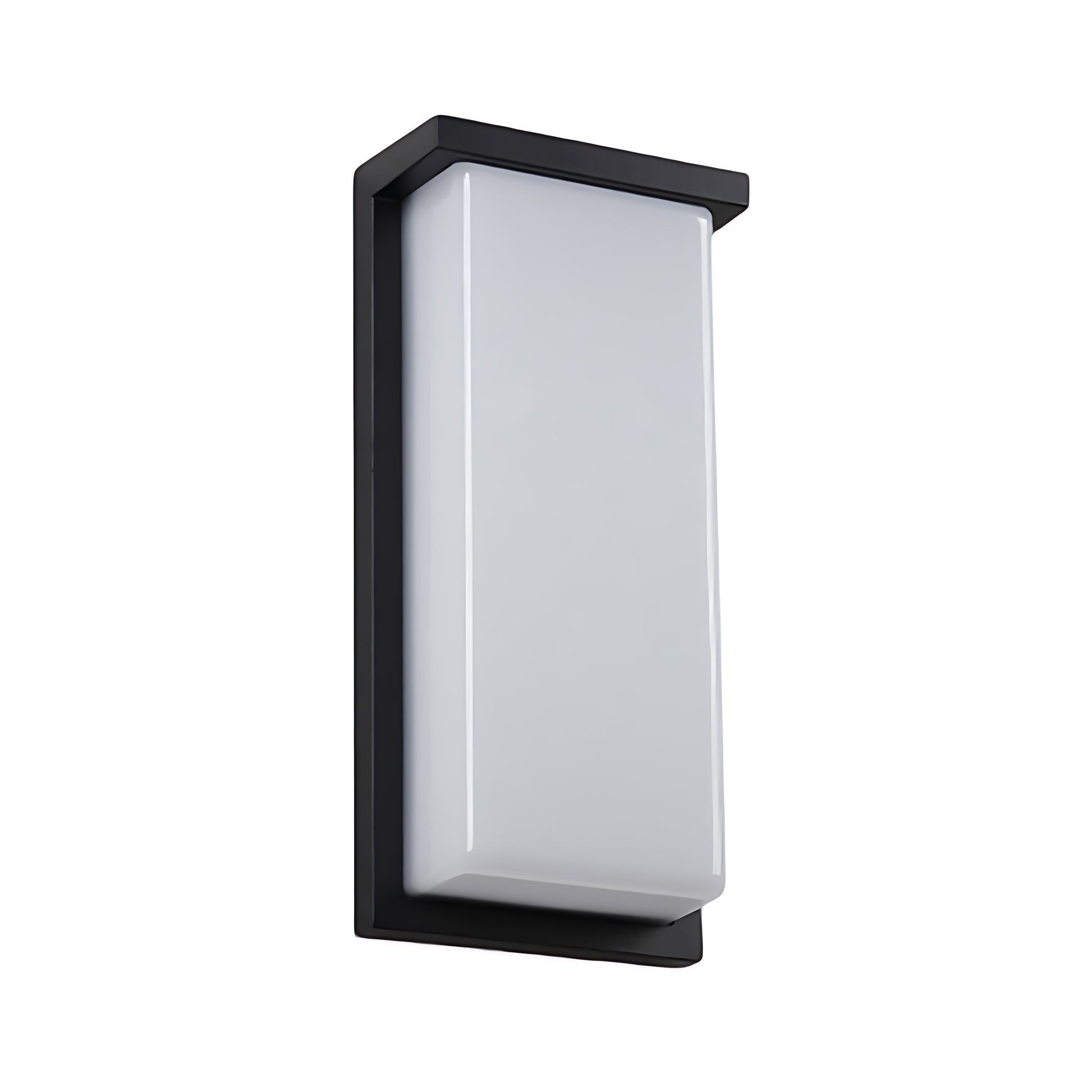 Modern rectangular LED wall light with black frame and white diffuser panel on neutral background