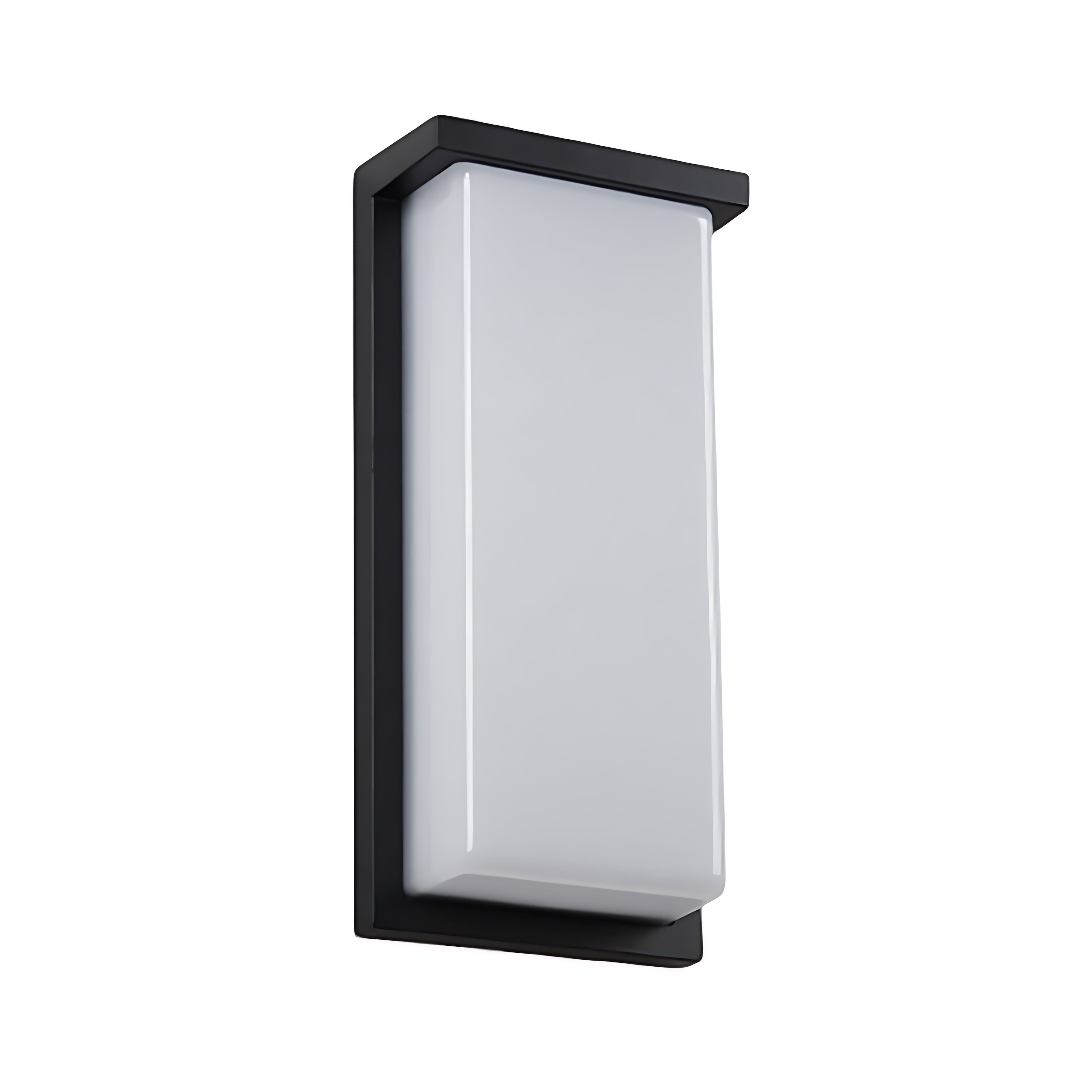 Modern rectangular LED wall light with black frame and white diffuser panel on neutral background