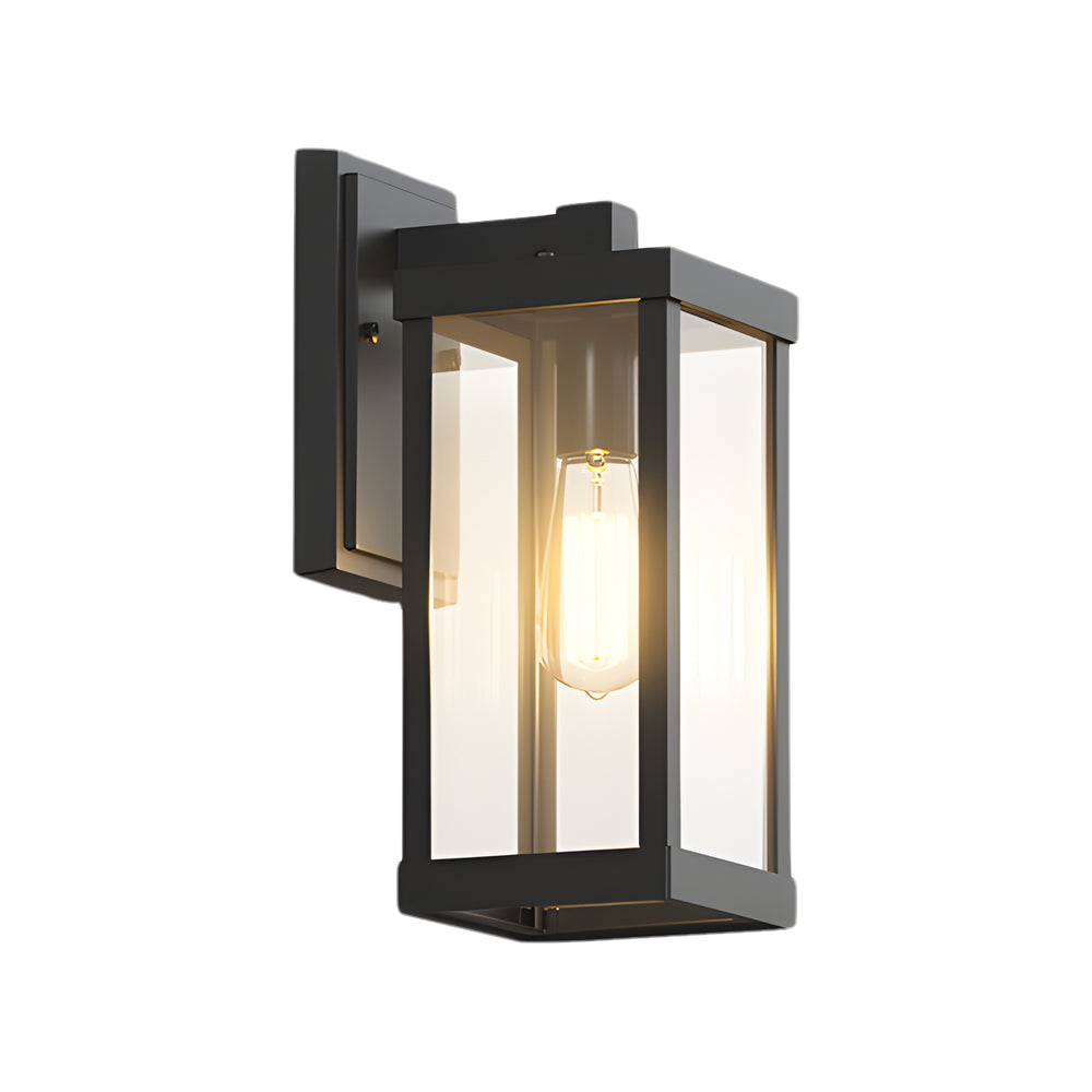 Modern rectangular outdoor sconce with sleek black housing and bright internal lighting element