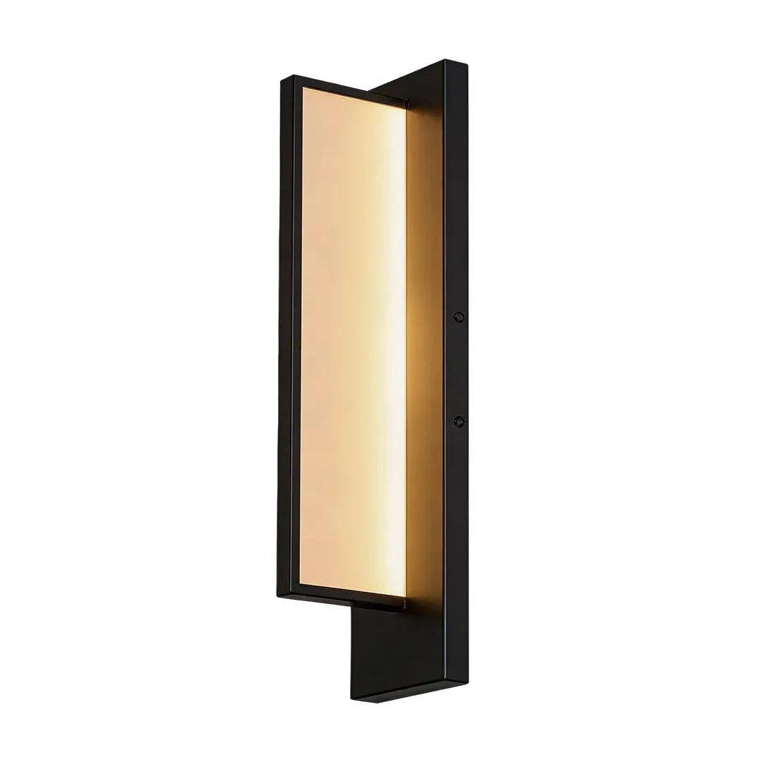 Modern rectangular outdoor wall sconce with black frame and warm LED lighting