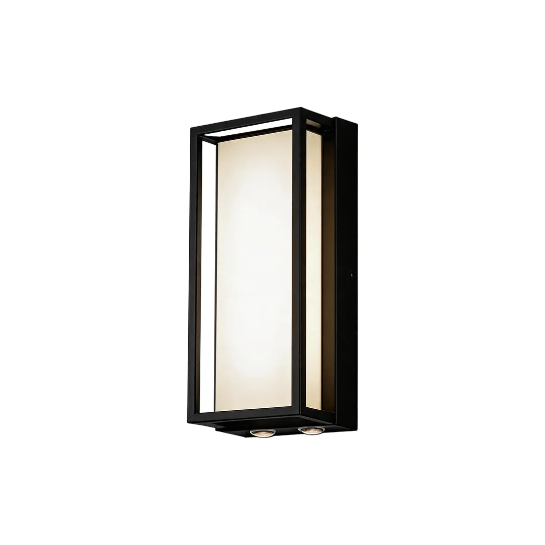 Modern rectangular outdoor wall sconce with black frame and frosted glass