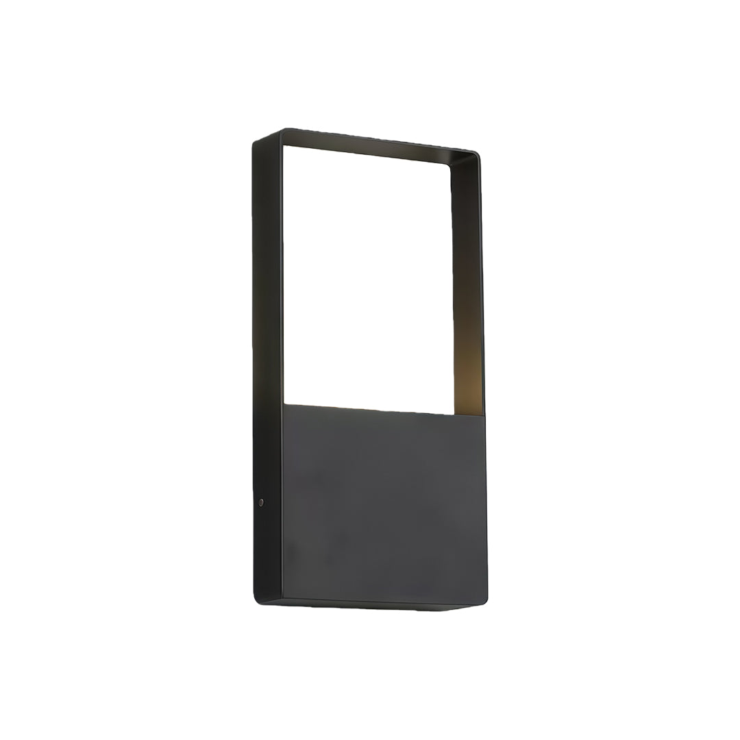 Modern rectangular wall mount exterior light featuring glass shade chandelier influence with minimalist black frame design.