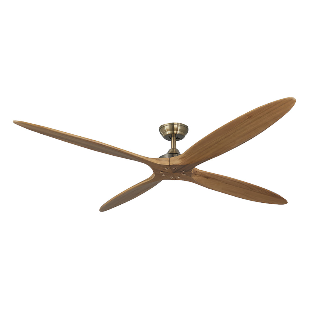 Modern wooden remote controlled ceiling fan in premium brass with rich wood grain blades