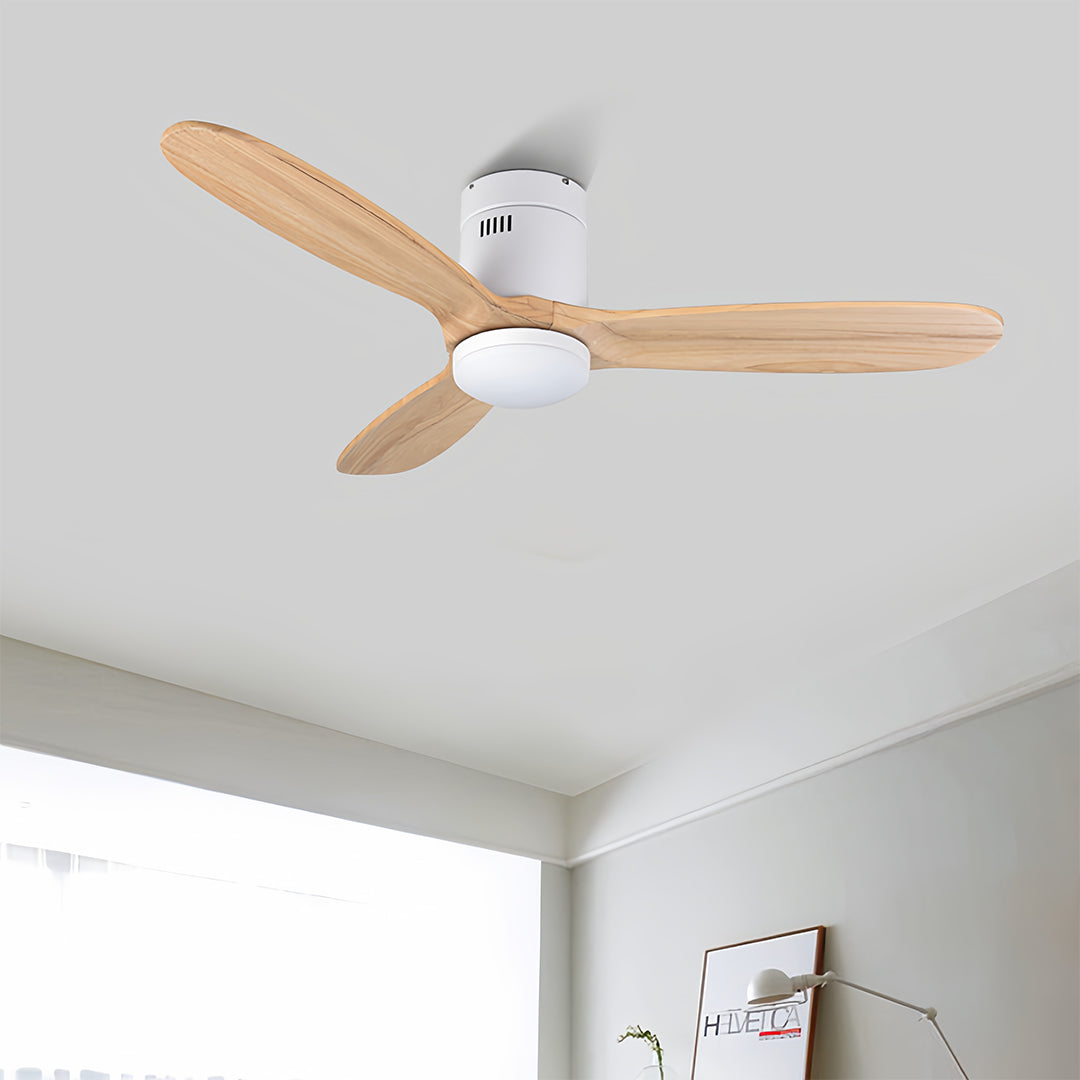 Modern 3 blade ceiling fan with light providing air circulation in bright residential space