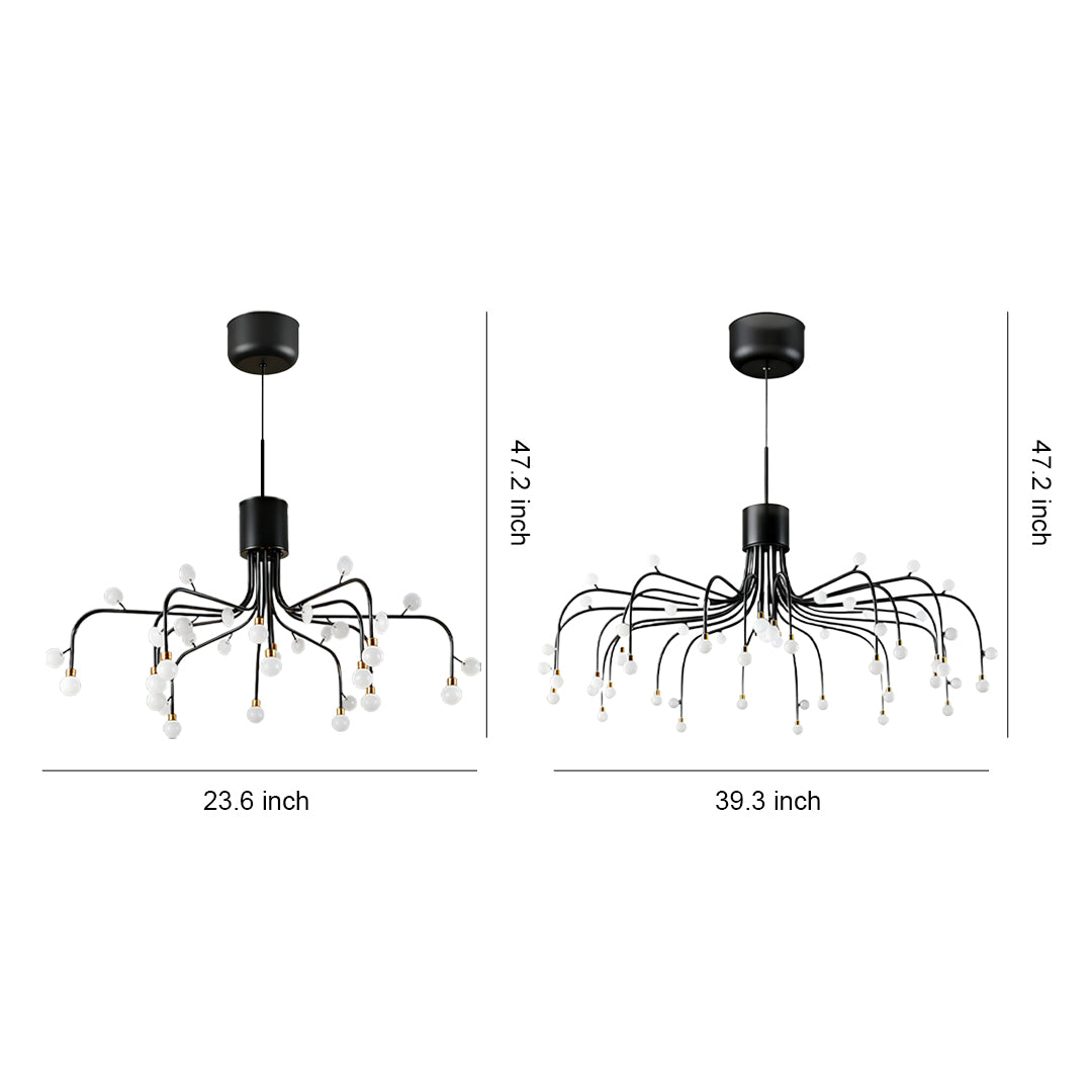 Modern retro chandelier with starburst design featuring curved arms and glass bubble pendants in black finish