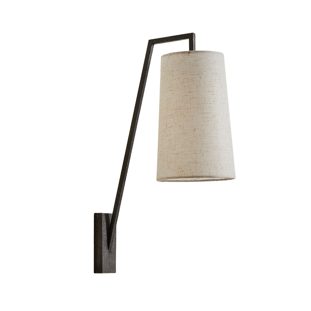 Modern retro wall lights showcasing conical linen shade with adjustable black metal bracket mounting system