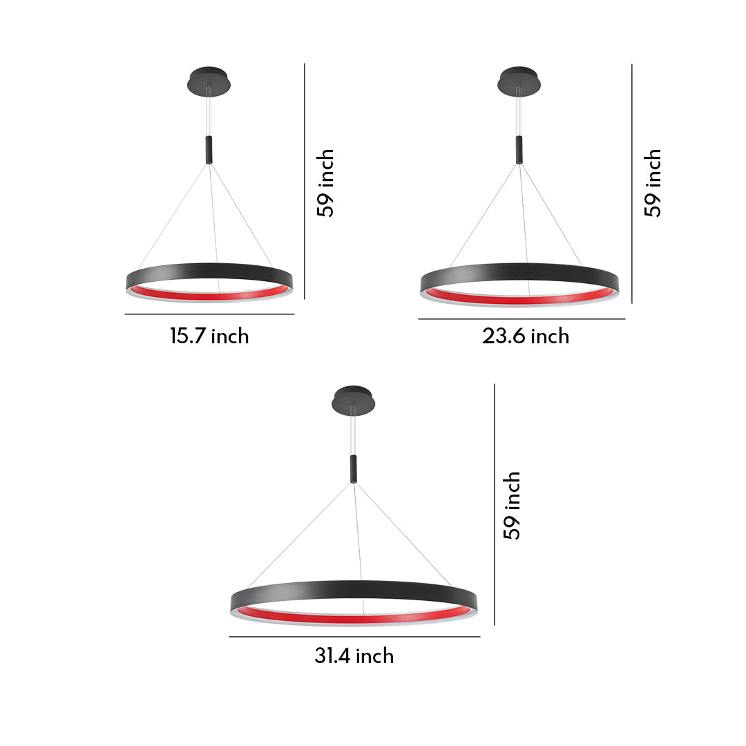 Modern ring chandelier with glass shade chandelier inspired design showing three sizes in black and red finish with dimensions.