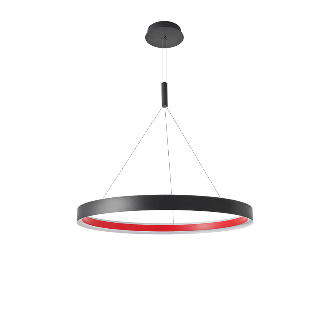 Modern ring chandelier displayed from a slightly elevated perspective, highlighting the circular LED ring design with black finish and red inner detail.