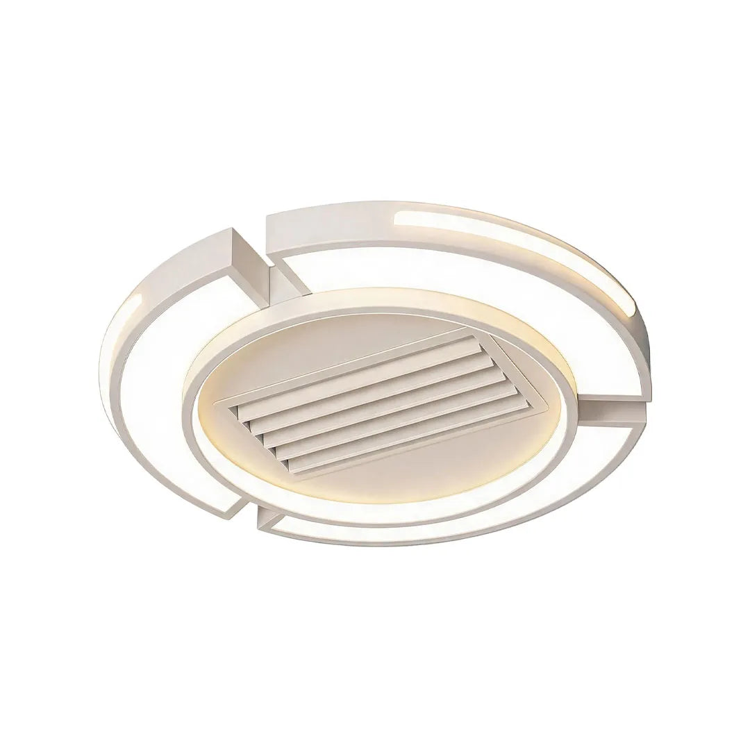 Bladeless ceiling fan with lighting featuring a circular LED ring and modern layered frame.