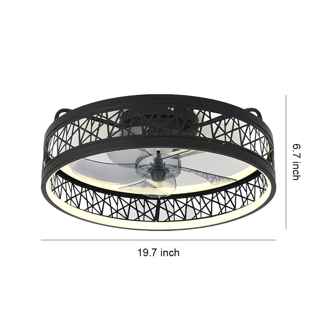 Modern round ceiling fan with light featuring decorative black perforated metal ring and integrated LED lighting