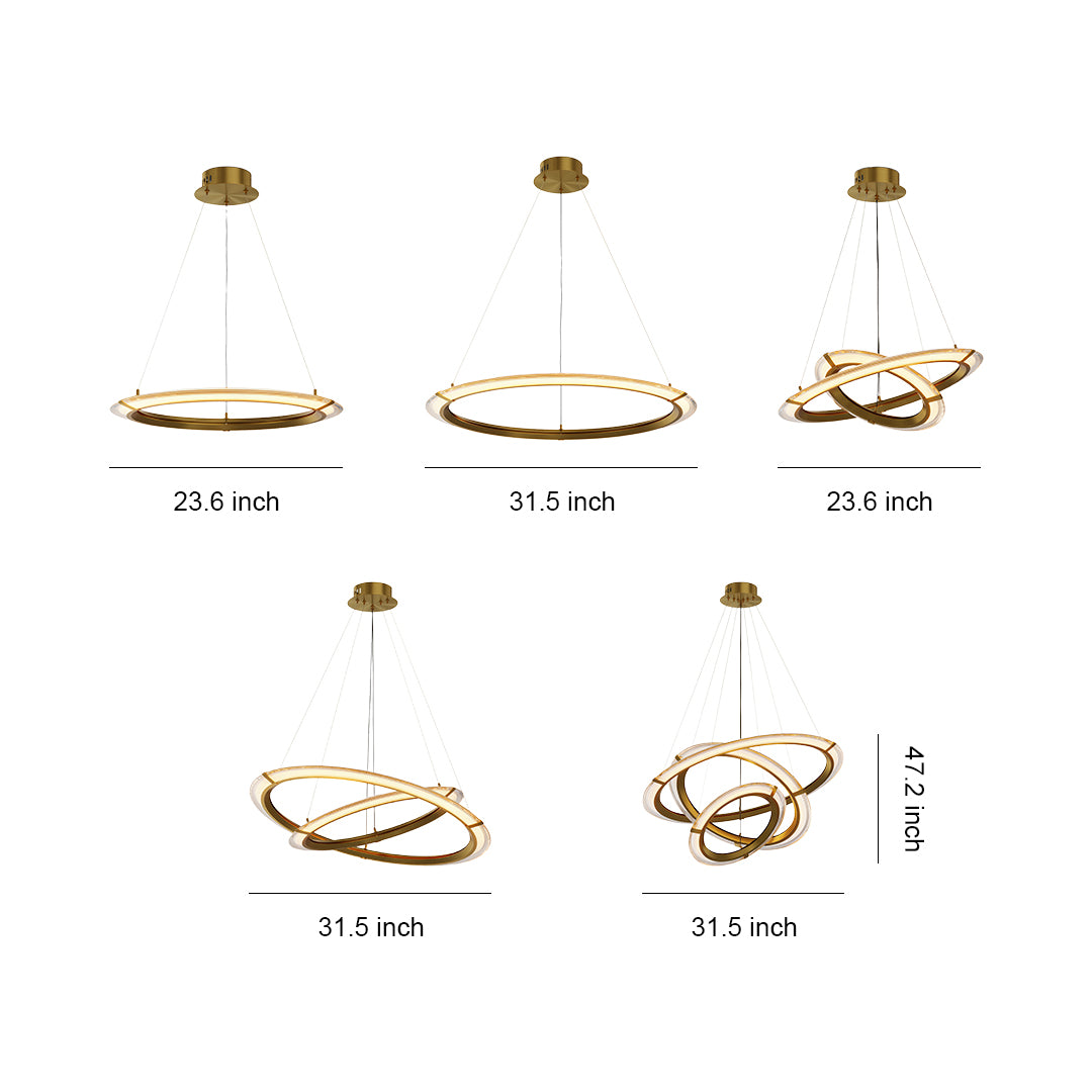 Technical layout sheet displaying multiple angles and dimensions of a modern round chandelier.