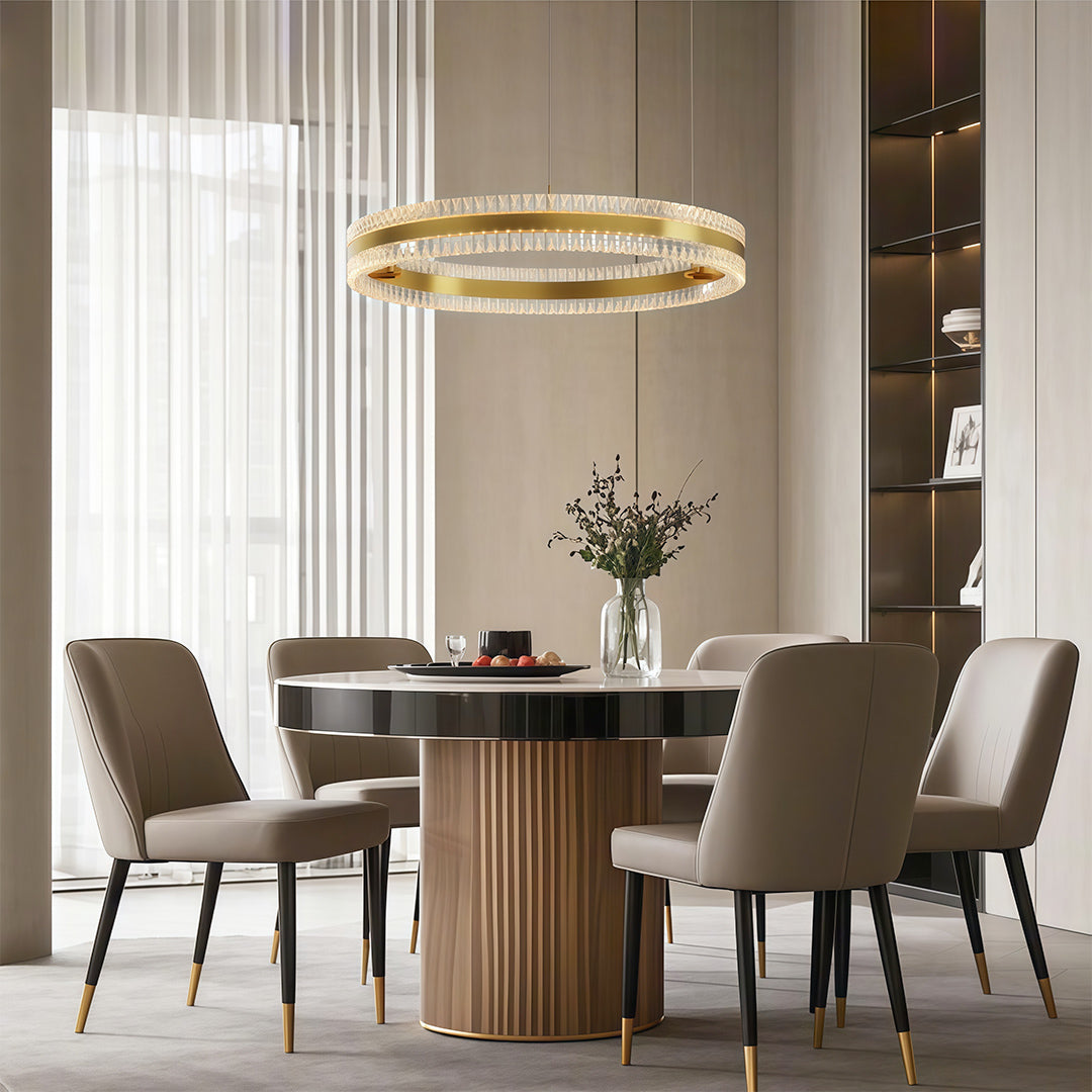 Single-ring modern round chandelier illuminating a warm-toned dining room