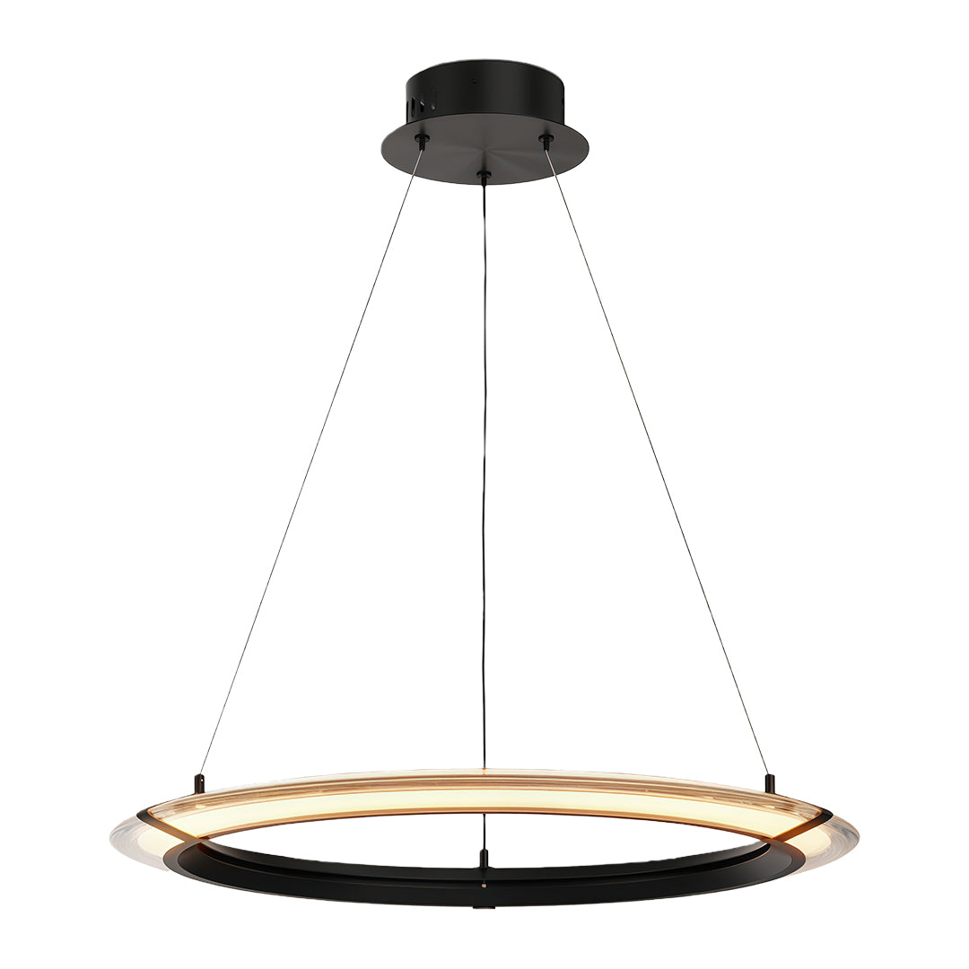 Modern round chandelier with dual circular rings, displayed against a white background.