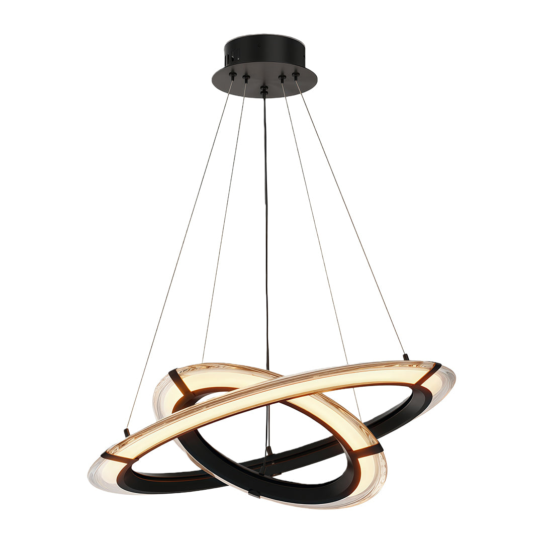 Modern round chandelier with a gold finish, displayed in a modern interior setting.