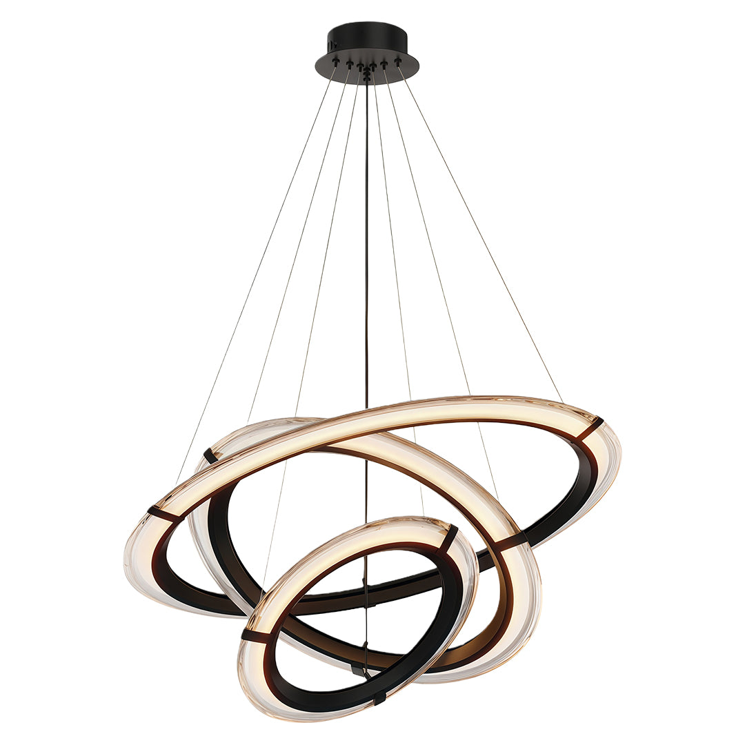 Modern round chandelier with intertwined circular rings, displayed against a white background.