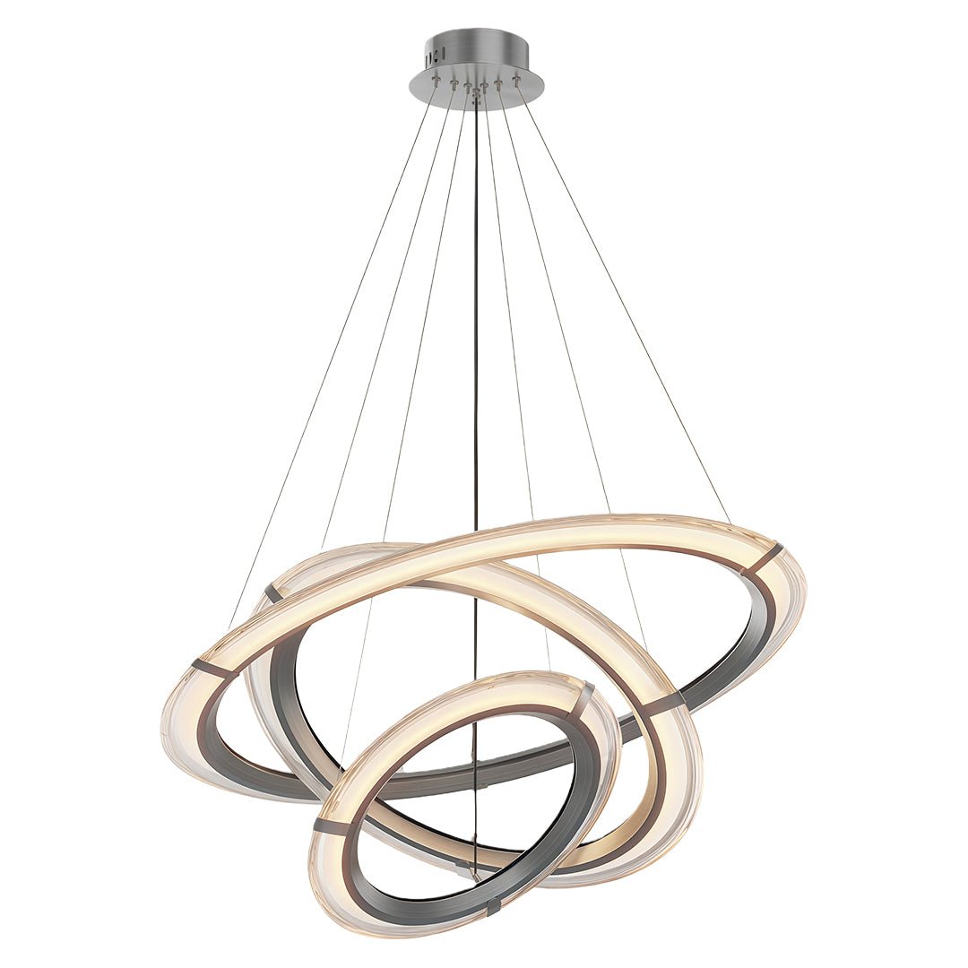 Modern round chandelier with a silver finish, hanging in a contemporary dining area.