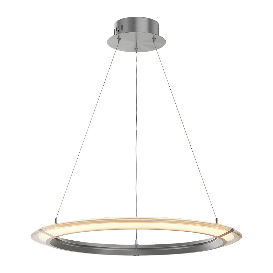 Modern round chandelier with a silver finish, adding a contemporary touch to a dining space.