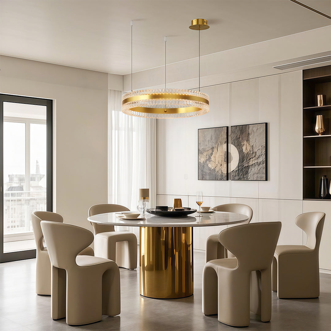 Two-tier modern round chandelier with wide crystal rings and adjustable height