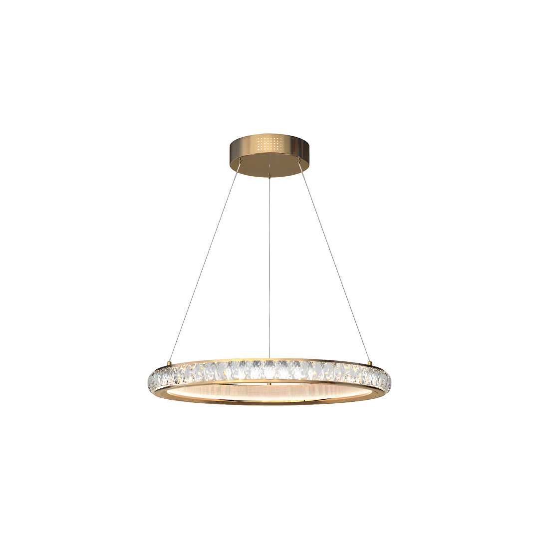 Modern round gold crystal chandelier with single circular ring featuring embedded crystal details and brass finish