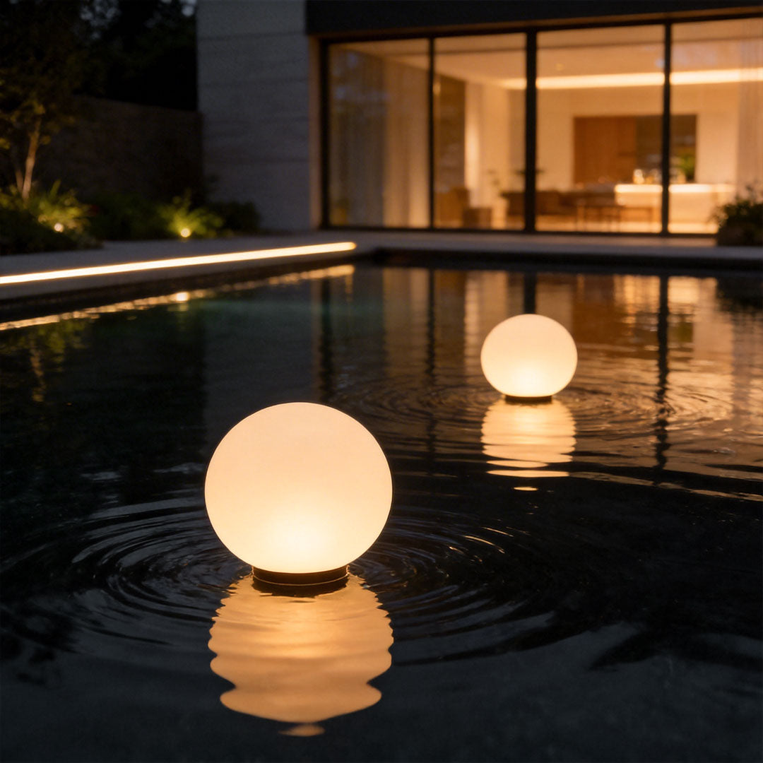 Modern round landscape lighting floating globes illuminating a private pool at night time!!