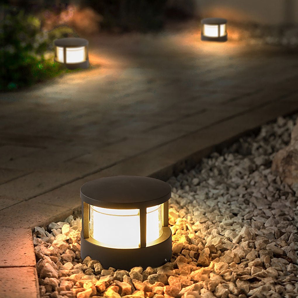 Modern round outdoor post light offers elegant LED lighting for lawns, walkways, and modern garden spaces.