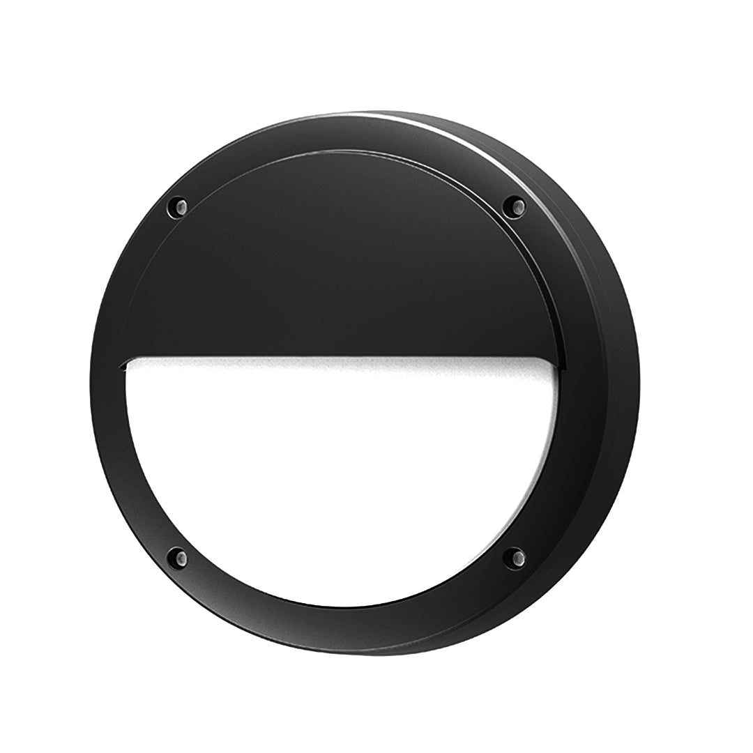 Modern round outdoor wall sconce in black with semi-circular illumination pattern