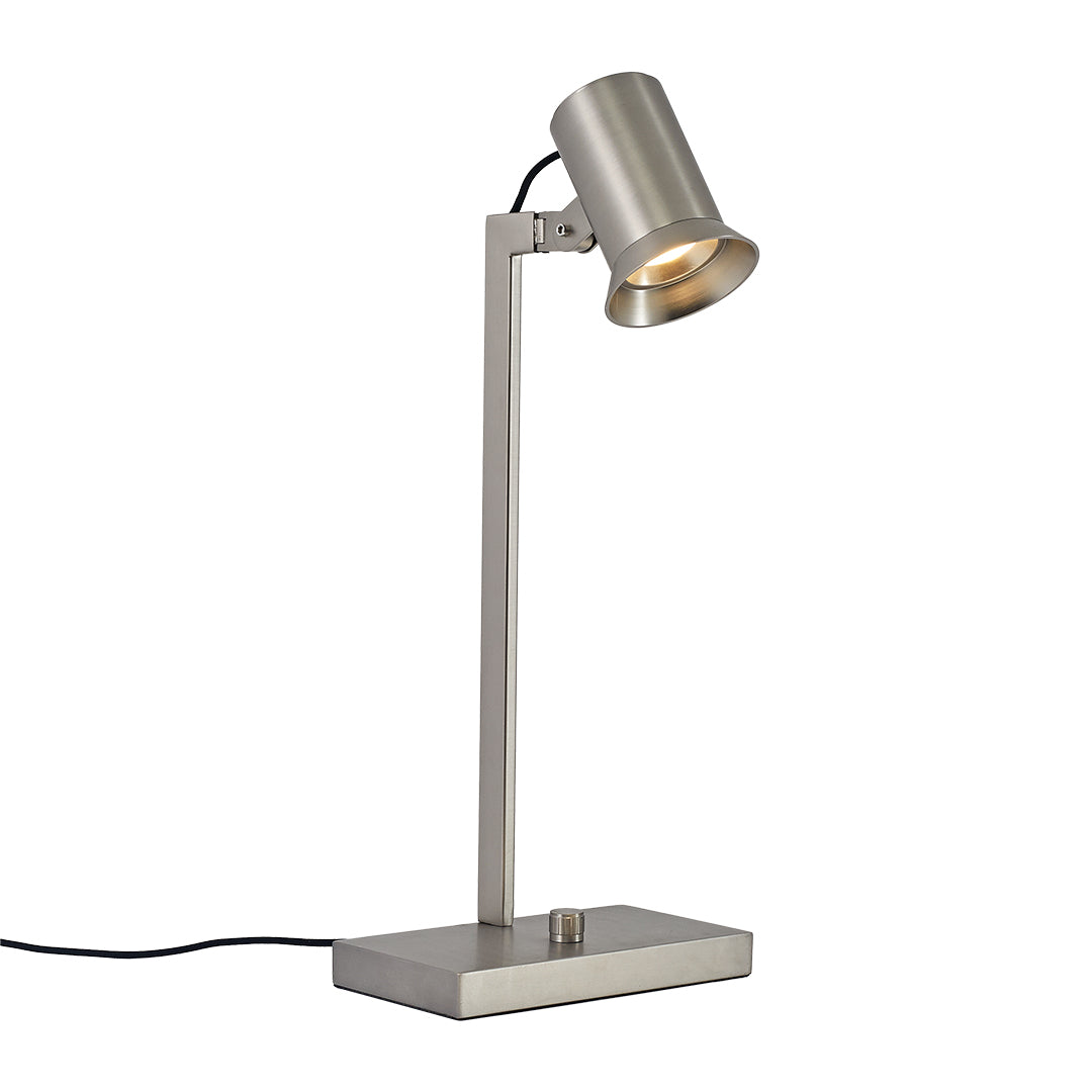 Modern swing arm desk lamp in satin nickel finish with minimalist design.