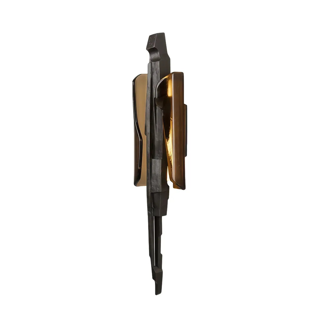 Modern sculptural wall sconce product image showing a slim side profile with black frame and amber glass.