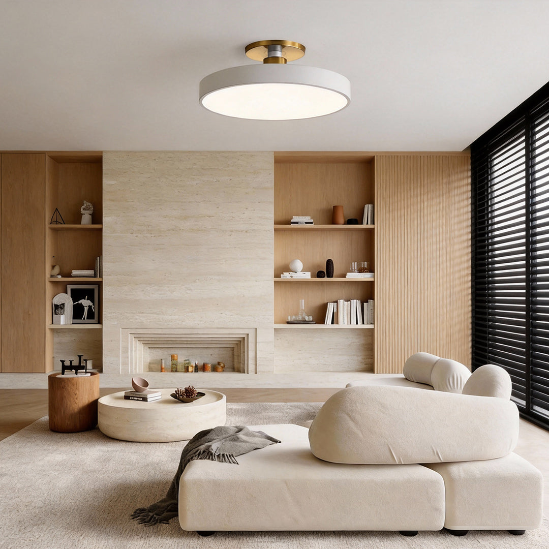 Modern semi flush mount ceiling lights providing soft light in a contemporary living room.