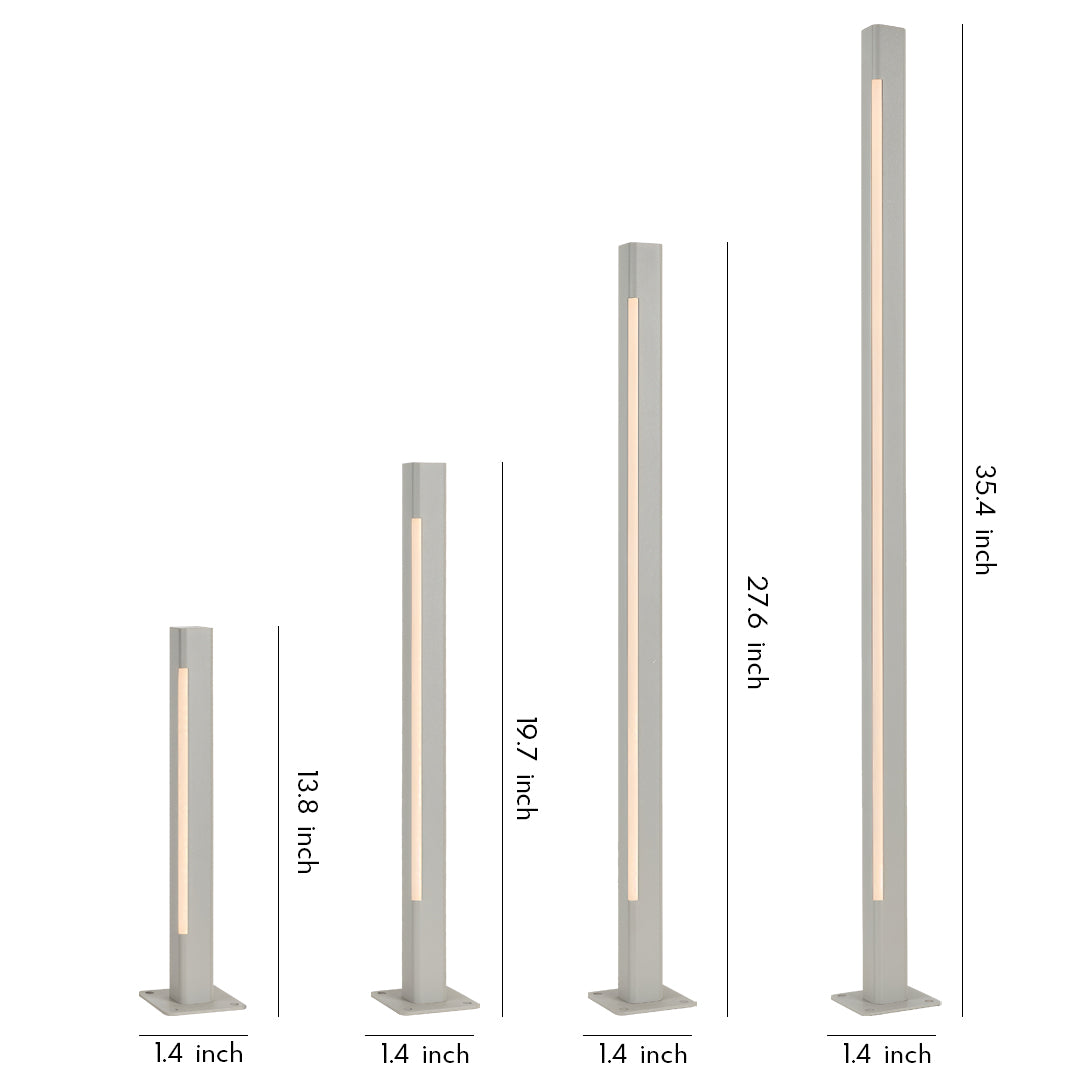 A set of slim modern outdoor poles in various heights, designed as led bollard light fixtures for architectural pathways.