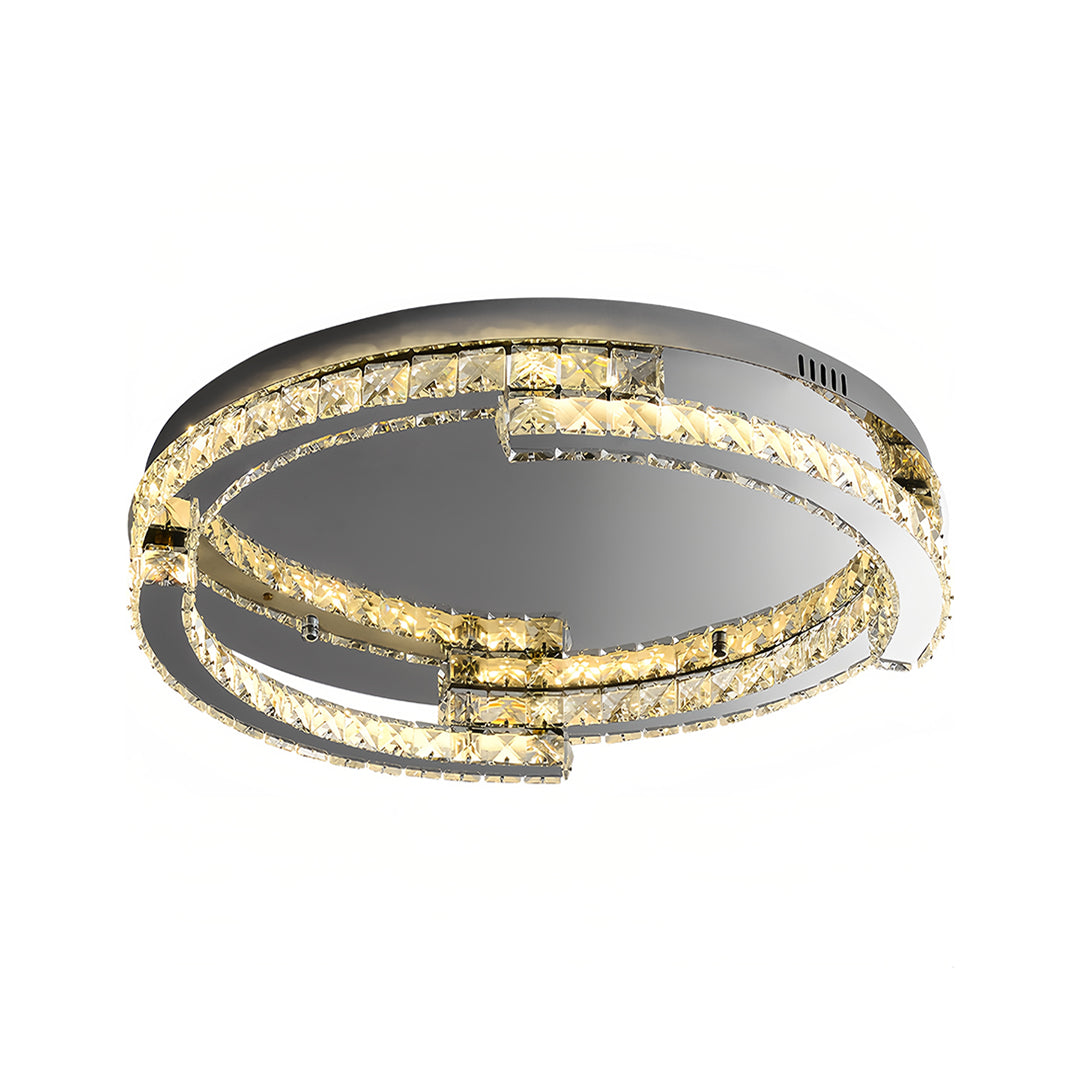 Modern silver flush mount ceiling light with crystal accents featuring circular design and warm LED lighting