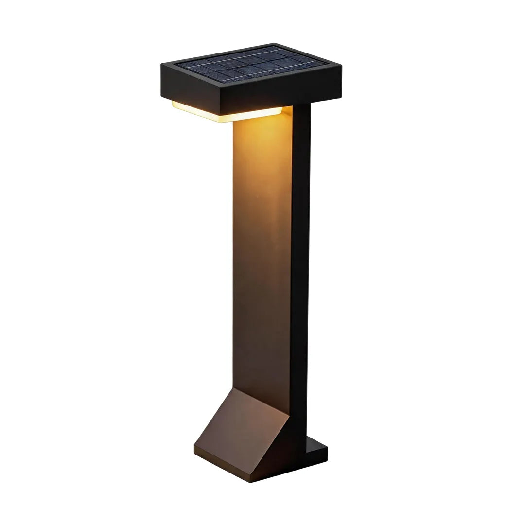 Modern solar bollard light with black angular base and integrated solar panel