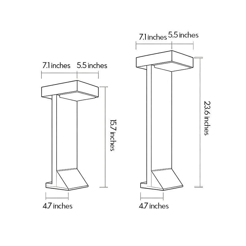Modern solar bollard light size guide showing two heights and width dimensions