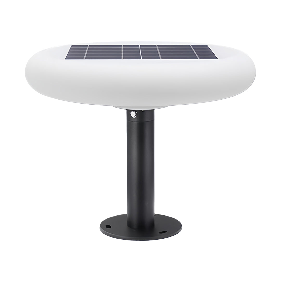 Modern solar LED post light with round solar panel, stylish and functional outdoor lighting
