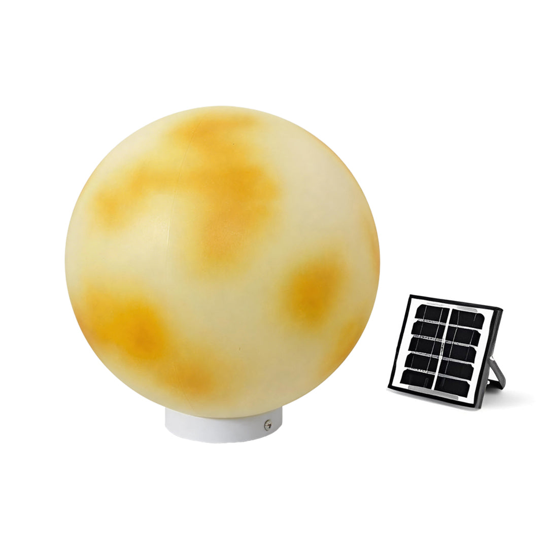 Modern solar moon-shaped stone pillar light and charging kit on a white background ok now.