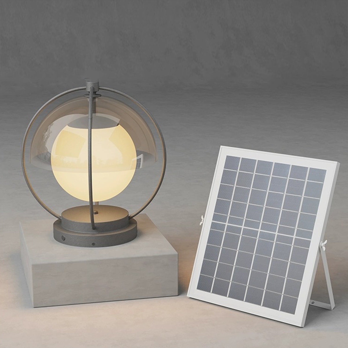 Modern solar orb light with transparent glass sphere and separate solar panel for sustainable outdoor lighting
