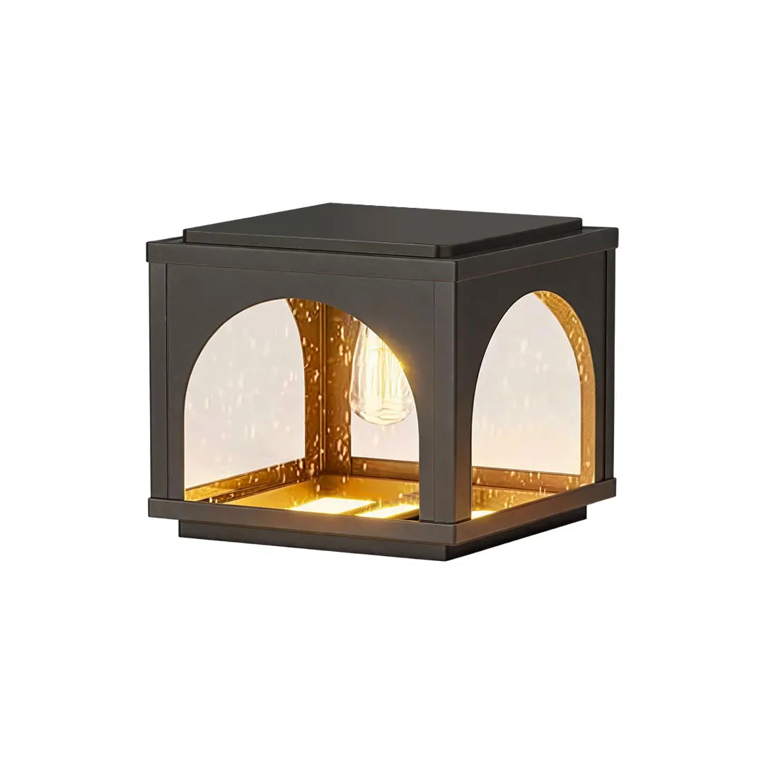 Solar outdoor pillar lights with a contemporary square design and warm illuminated diffuser.
