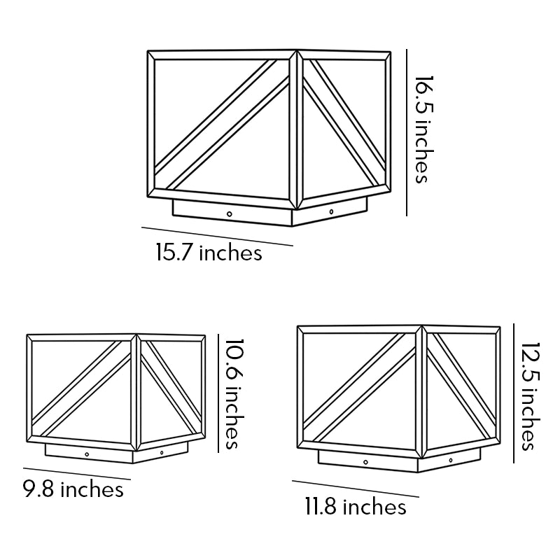 Modern solar pillar light size guide showing three available height and width options