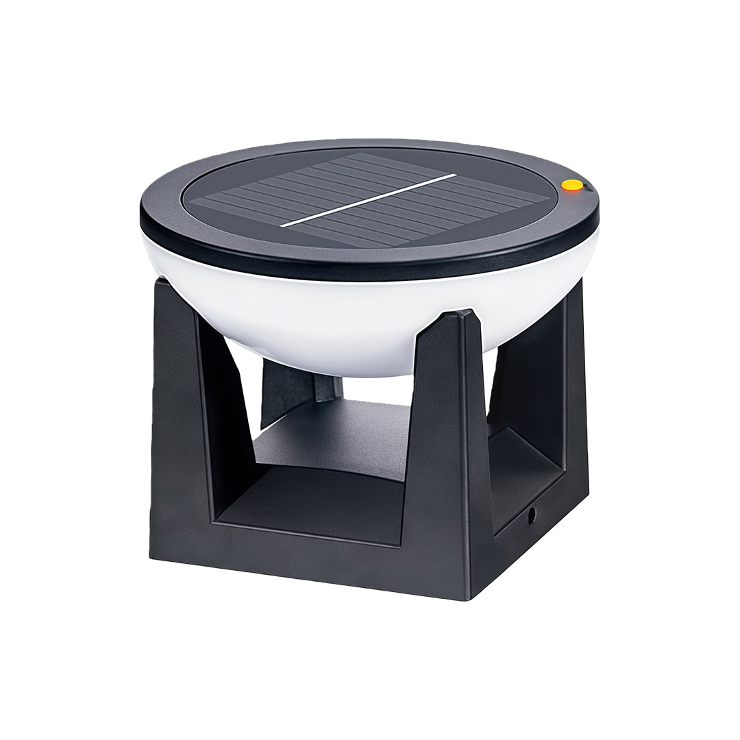 Modern solar powered bollard light product image showing the black base and round white diffuser with solar panel top.