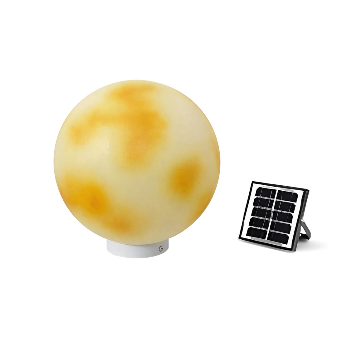 Modern solar powered moon-shaped stone pillar light and solar panel on a white background ok.