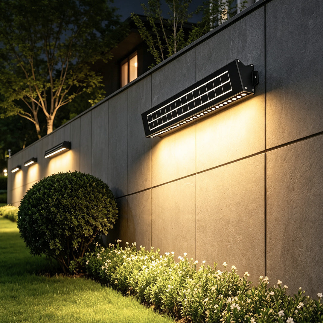 Modern covered outdoor walkway featuring solar wall outdoor lights with ambient illumination.