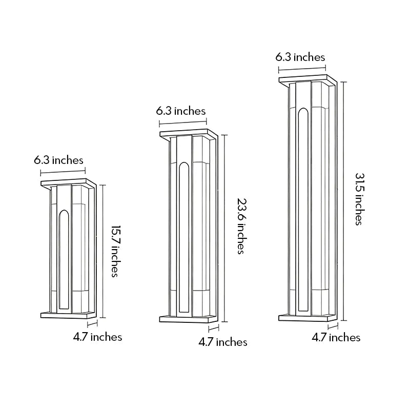 Solar wall sconce size guide showing three available heights and width dimensions