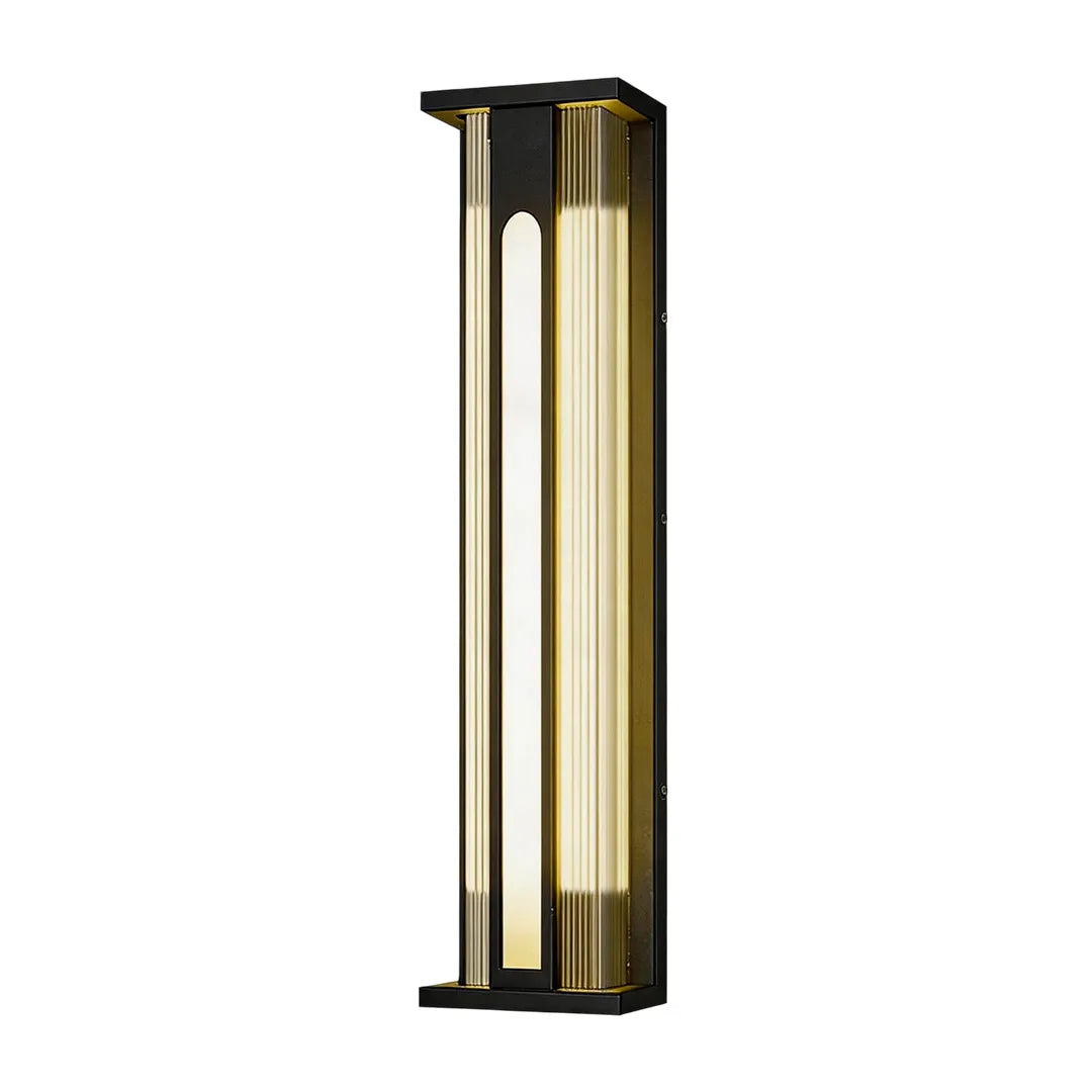 Modern medium solar wall sconce with black frame and vertical LED light
