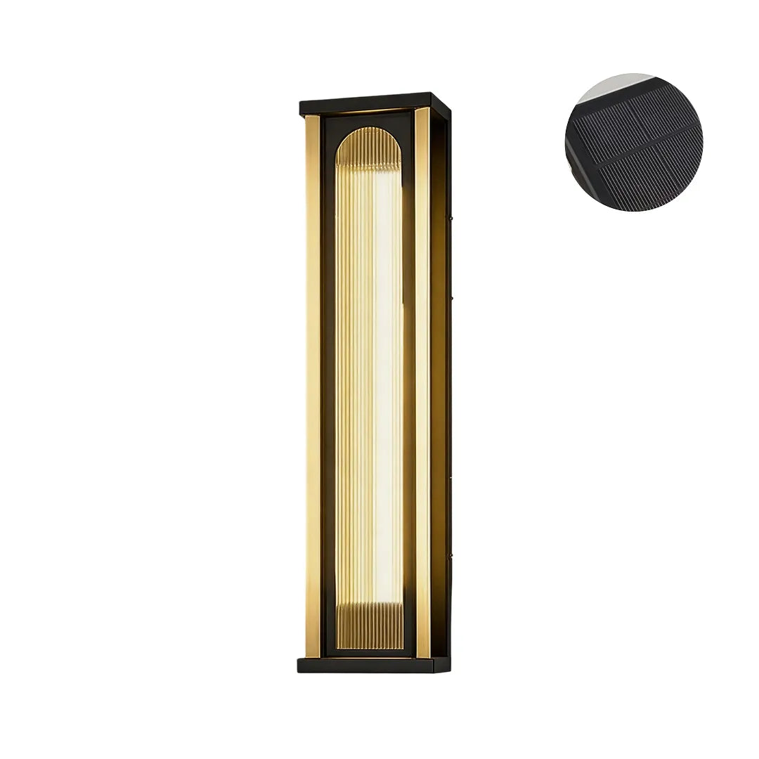 Modern solar wall sconce with ribbed diffuser black frame and warm glow