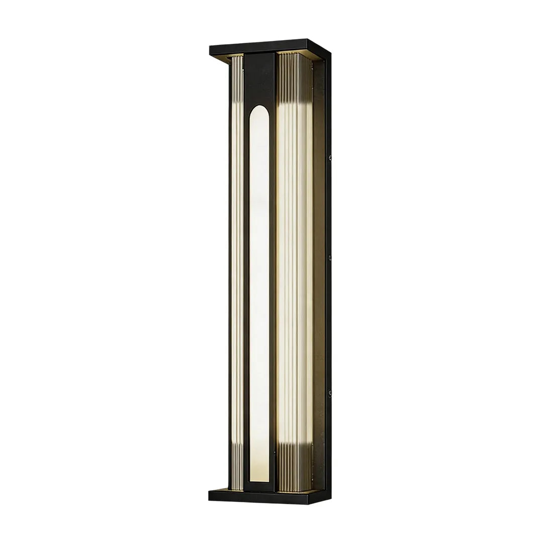 Modern tall solar wall sconce with black frame and warm LED lighting