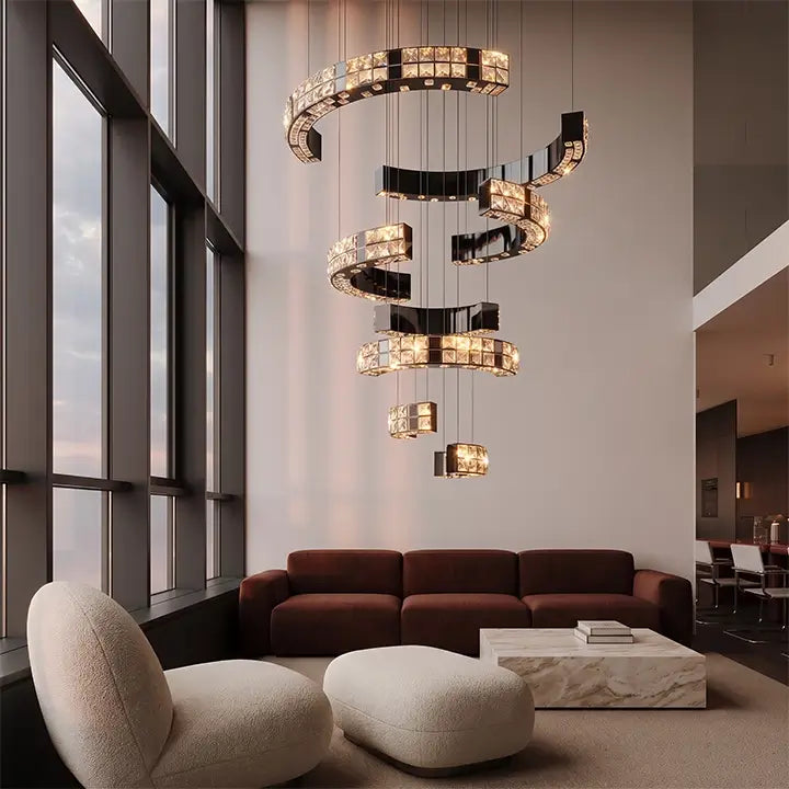 Modern spiral crystal chandelier in a high-ceiling living room