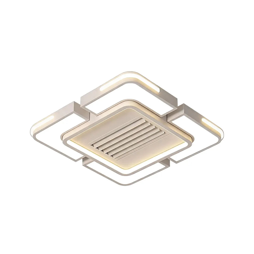 Bladeless ceiling fan with lighting featuring a geometric square frame and warm LED lighting.
