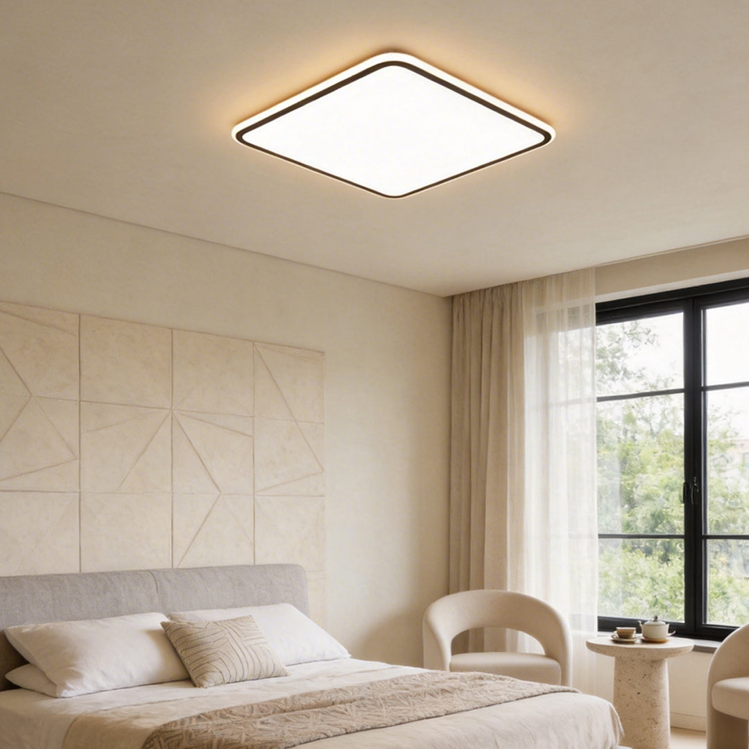 Modern square LED ceiling light with a sleek design, enhancing a stylish bedroom.