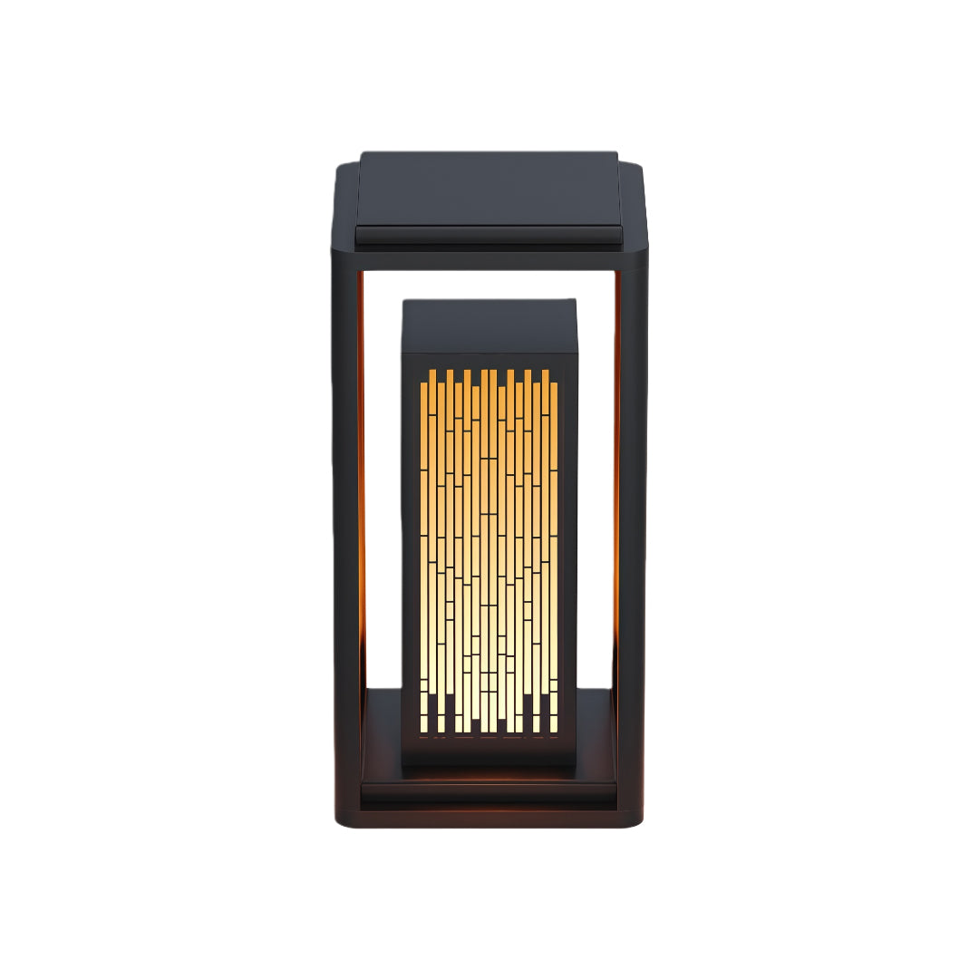 Modern square outdoor lantern with a sleek black frame and vertical light design, perfect for garden pathways.